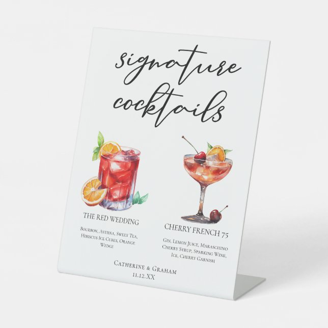 Red Wedding Signature Cocktails Menu Pedestal Sign (Front)