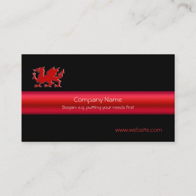 Red Welsh Dragon on black, and metallic-look strip Business Card (Front)