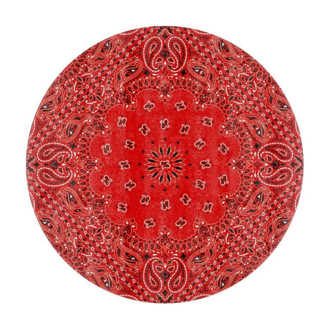 Red Western Bandanna Paisley Scarf Fabric Glass Cutting Board (Front)