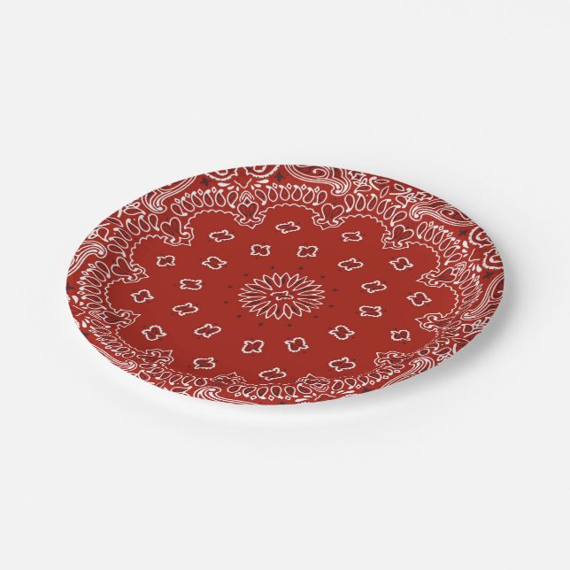 Red Western Bandanna pattern party paper plate (Angled)