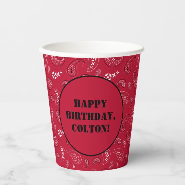 Red Western Bandanna Print Birthday Party Paper Cups (Front)