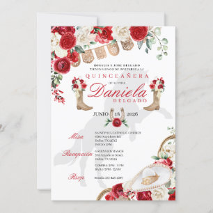 Red Western Boots & Roses Papel Picado Quinceañera Invitation