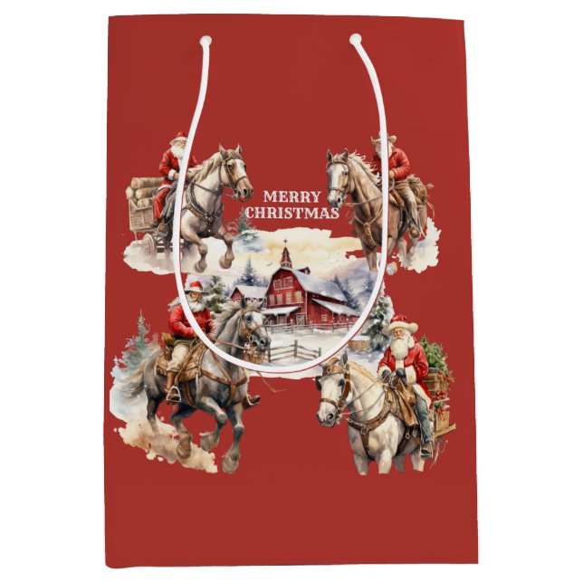 Red Western Christmas Santa On Horseback Gift Bag (Front)