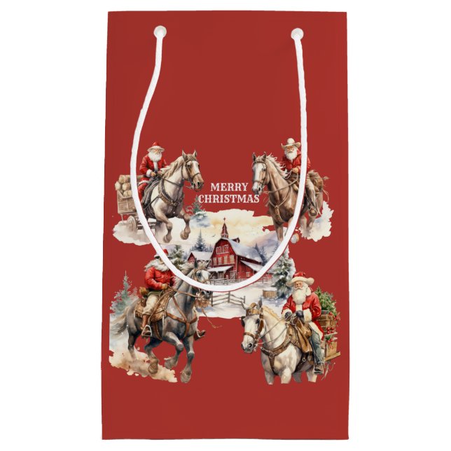 Red Western Christmas Santa On Horseback Gift Bag (Front)