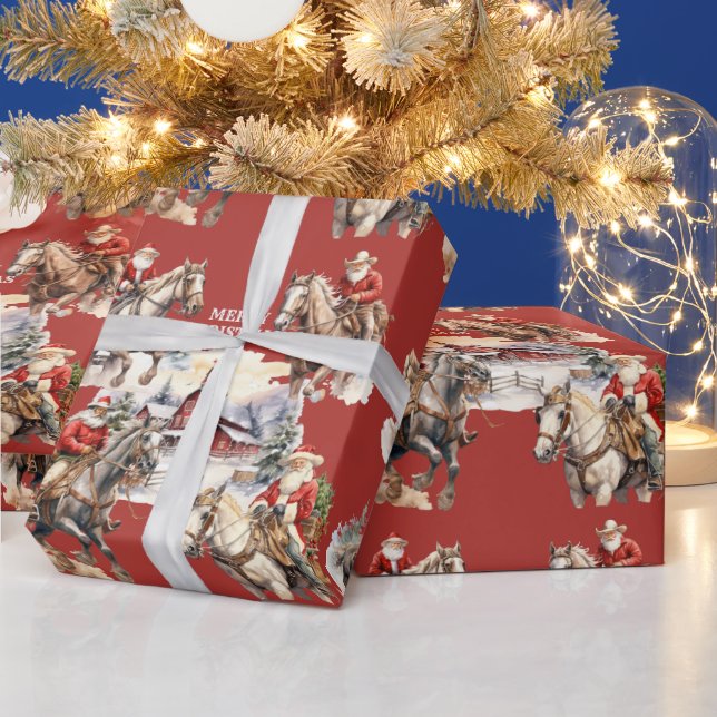 Red Western Christmas Santa On Horseback Wrapping Paper (Holidays)