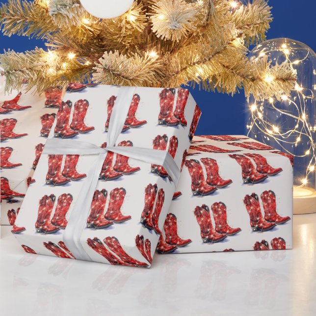 Red Western Cowboy Boots Christmas  Wrapping Paper (Holidays)