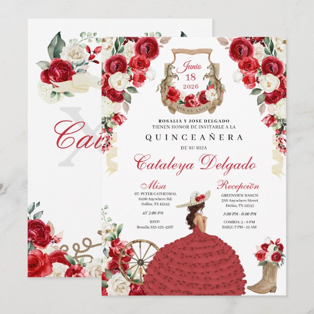 Red Western Fiesta Charro Quinceañera Invitation (Front/Back)