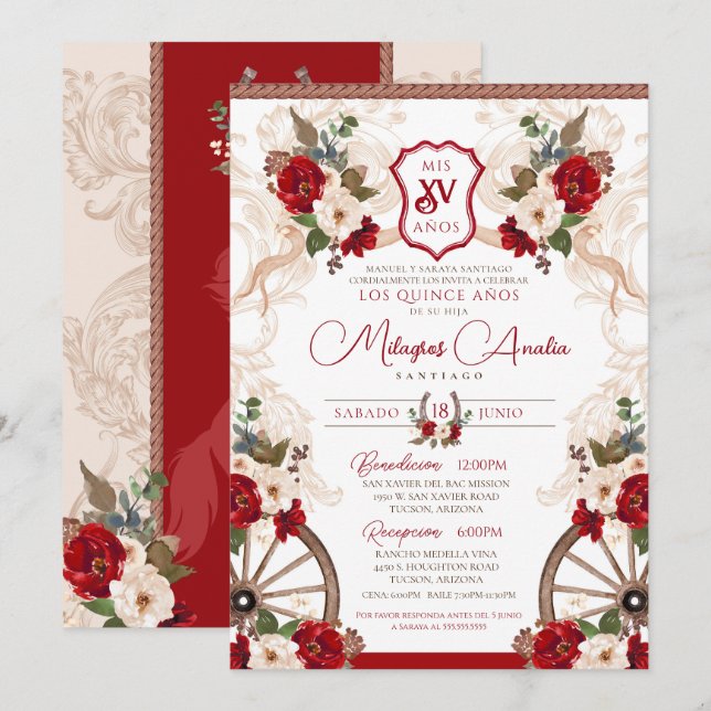 Red Western Floral Baroque Charro Quinceañera Invitation (Front/Back)