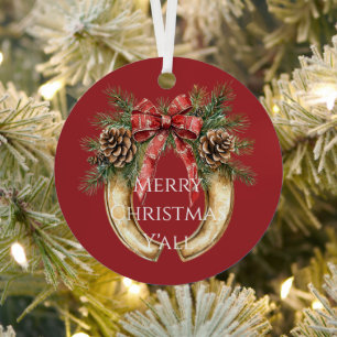 Red Western Gold Horse Shoe Christmas Pine Cones Metal Tree Decoration