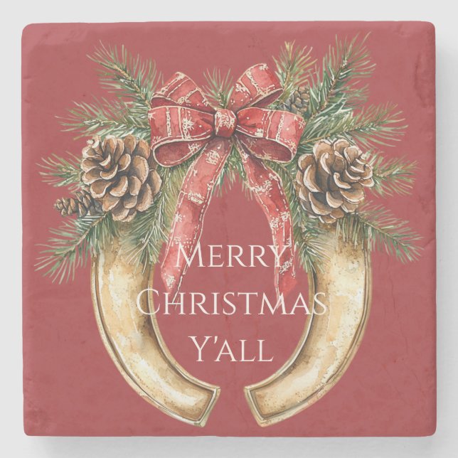 Red Western Gold Horse Shoe Christmas Pine Cones Stone Coaster (Front)