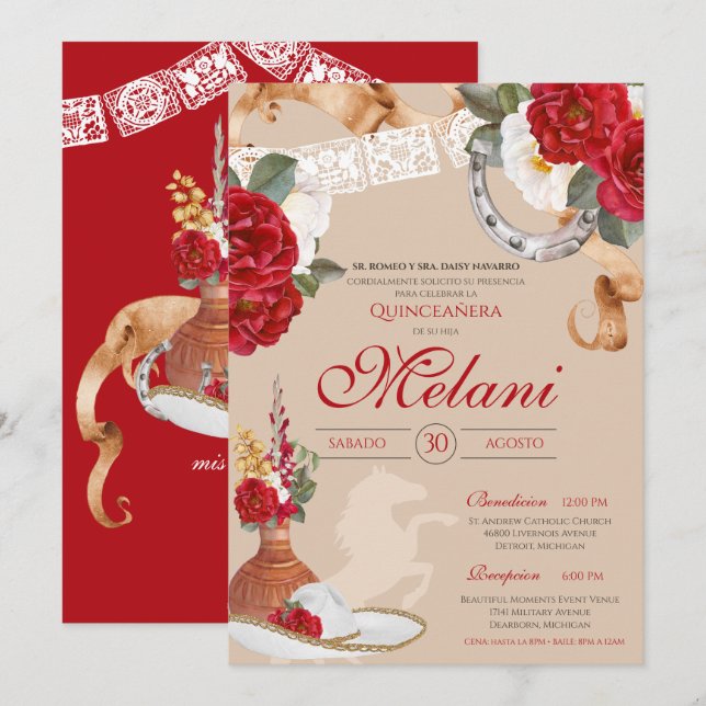 Red Western Rose Charro Ranchero Quinceanera Invitation (Front/Back)