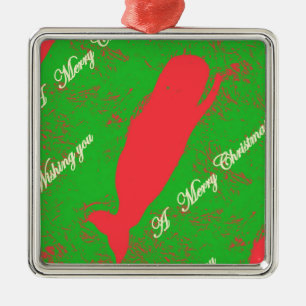 red whale on green christmas ornament