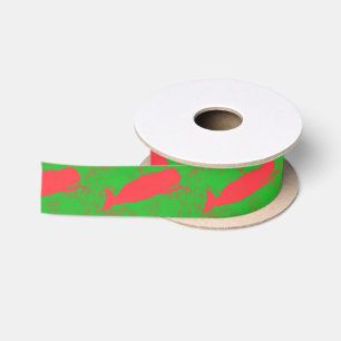red whales on green satin ribbon