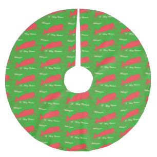 red whales on green tree skirt