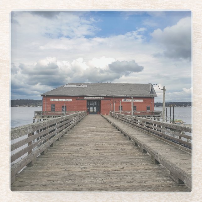 Red Wharf in Historic Coastal Coupeville Glass Coaster (Front)