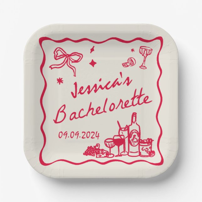 Red Whimsical Beach Bachelorette Party Paper Plate (Front)