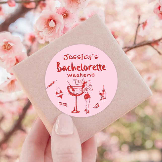 Red Whimsical Cocktail Bachelorette Beach Weekend Classic Round Sticker (Creator Uploaded)