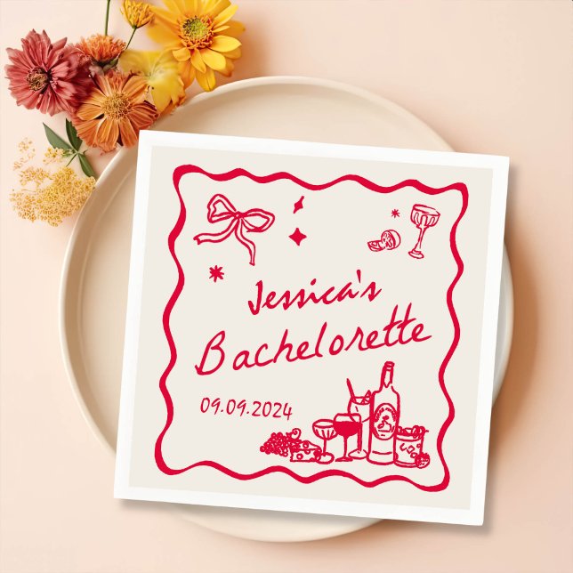 Red Whimsical Cocktail Bachelorette Party Napkin (Creator Uploaded)