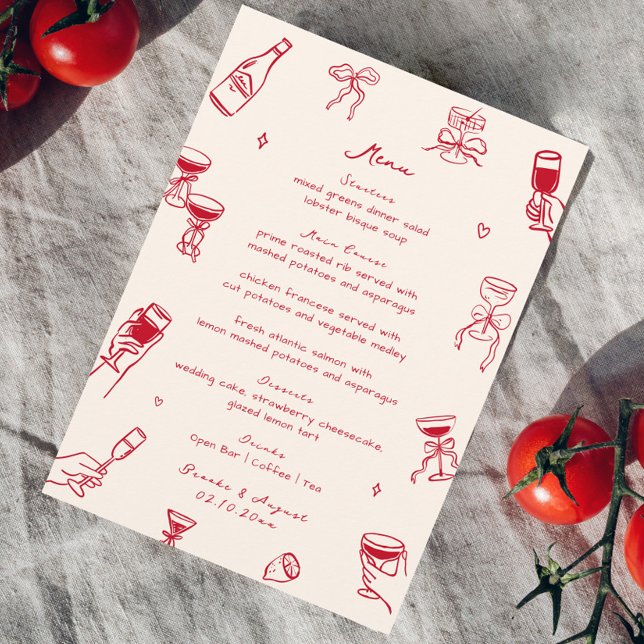 Red Whimsical Doodle Hand Drawn Wedding Menu (Creator Uploaded)