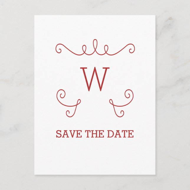 Red Whimsical Flourish Save the Date Postcard (Front)