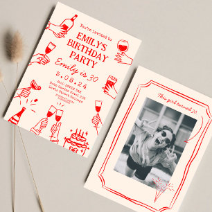 Red Whimsical Funky Quirky Drawing 30 th Birthday Invitation