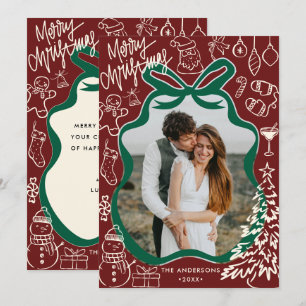 Red Whimsical Hand Drawn Doodle 1 Photo Christmas Holiday Card