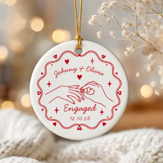 Red Whimsical Hand Drawn Engagement Ceramic Tree Decoration