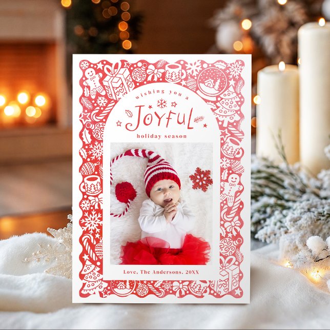 Red Whimsical Hand Drawn Joyful Holiday Photo (Red Whimsical Hand Drawn Joyful Holiday Photo)