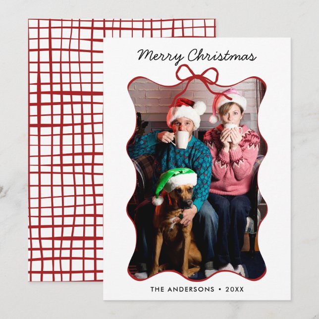 Red Whimsical Hand Drawn Wavy Bow Frame Christmas  Holiday Card (Front/Back)