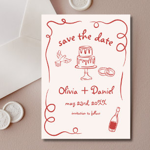 Red Whimsical Hand Drawn Wedding French Save The Date