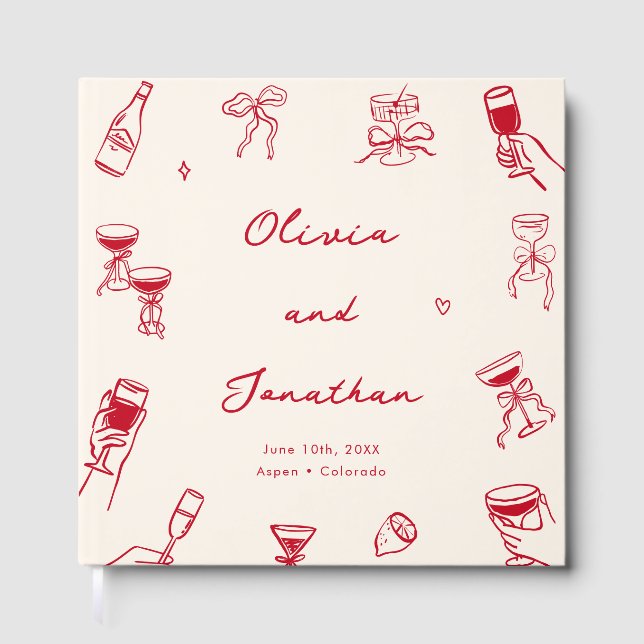 Red Whimsical Hand Drawn Wedding Guest Book (Front)