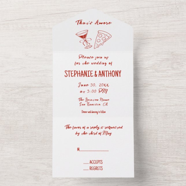 Red Whimsical Pizza That's Amore Italian Wedding All In One Invitation (Inside)