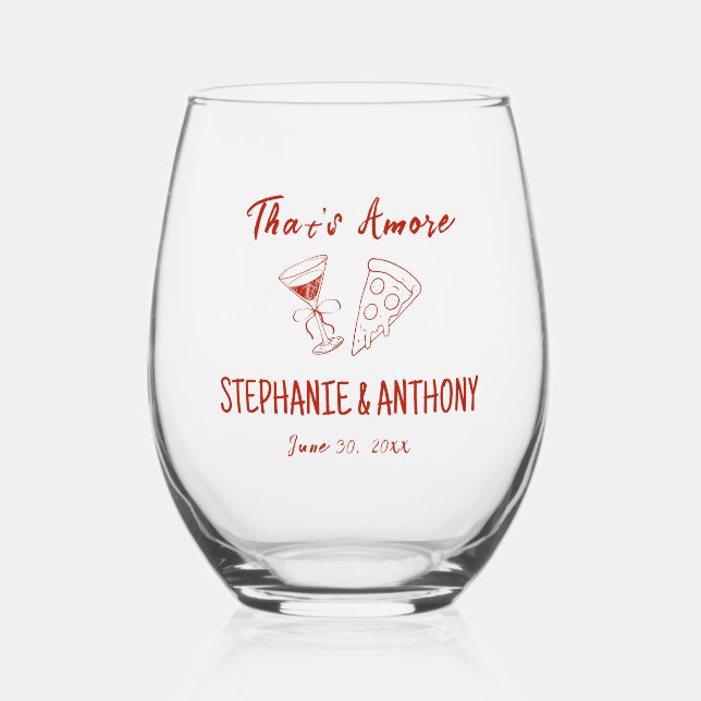 Red Whimsical Pizza That's Amore Italian Wedding Stemless Wine Glass (Front)