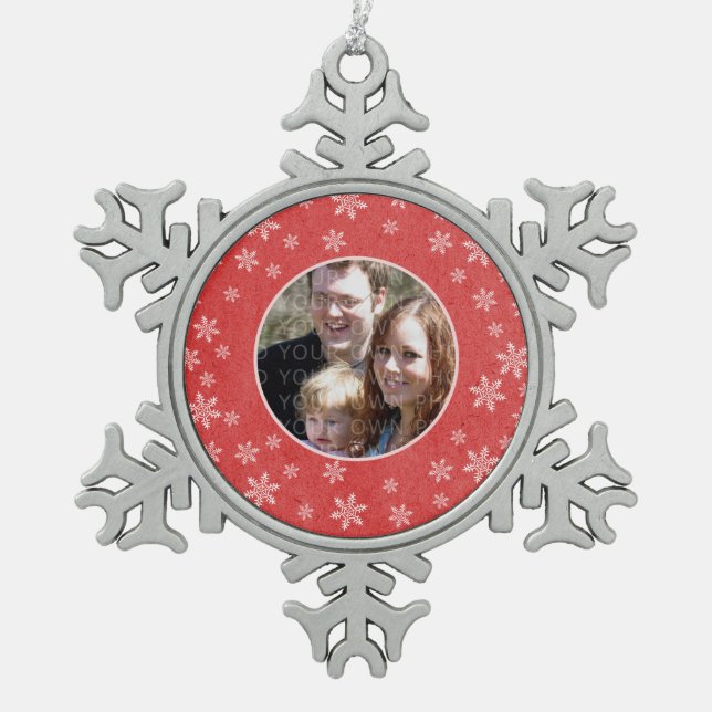 Red Whimsical Snowflakes Photo Pewter Ornament (Front)