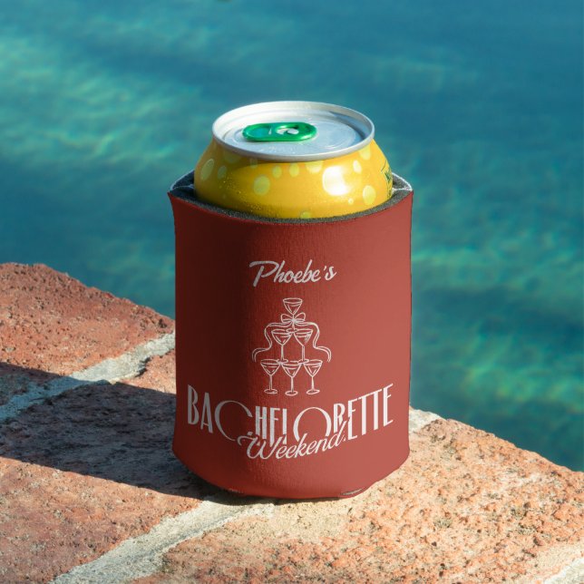 Red Whimsical Wine Doodle Bachelorette Custom Name Can Cooler (In Situ Pool)