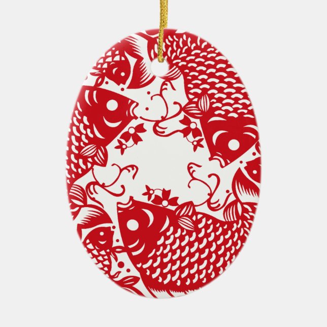 Red Whirling Koi Carp Fish Group Ceramic Tree Decoration (Front)