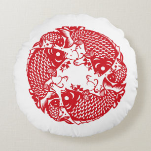 Red Whirling Koi Carp Fish Group Classic Round P Cushion