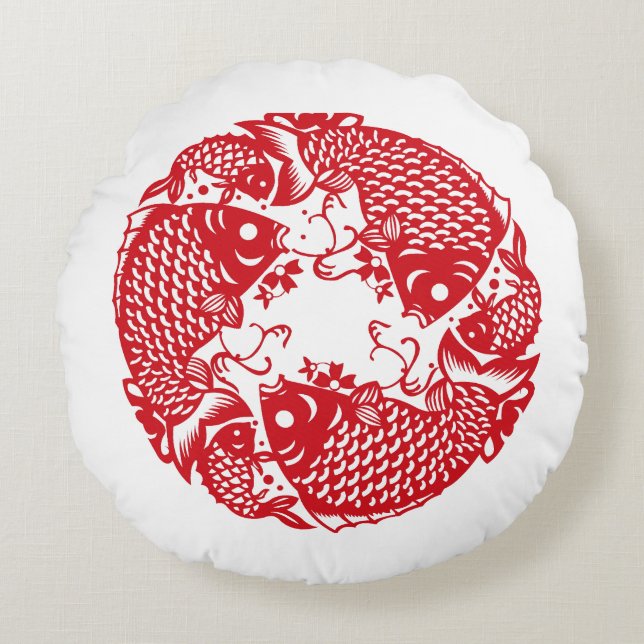 Red Whirling Koi Carp Fish Group Classic Round P Cushion (Front)