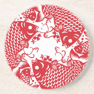 Red Whirling Koi Carp Fish Group Coaster