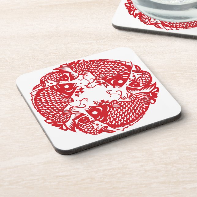 Red Whirling Koi Carp Fish Group SqC Coaster (Left Side)