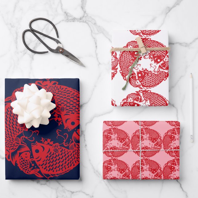 Red Whirling Koi Carp Fish Group WPS3 Wrapping Paper Sheet (Front)