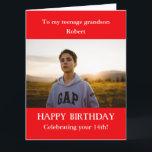 Red white 14th Photo Birthday card Grandson, LARGE<br><div class="desc">Are you looking to buy a Photo Birthday card for grandson from Grandmother and Grandfather, Grandma and Grandpa? For age 14. ADD AGE to the card of your teenage grandson. ANY AGE - 13, 15, 16, 17, 18th. LARGE Red and white card. ADD RELATIONSHIP of your choice. Son, nephew, friend....</div>