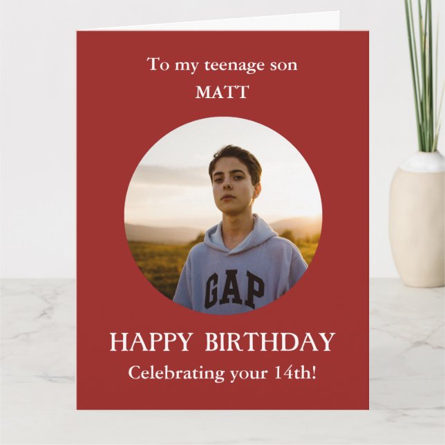 Red white 14th Photo Birthday card son, LARGE (Front)