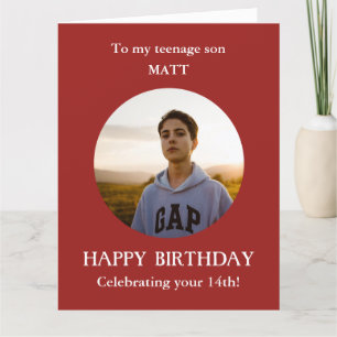 Red white 14th Photo Birthday card son, LARGE