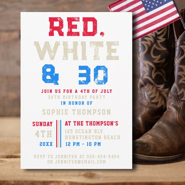 Red White 30 Typography 4th of July 30th Birthday Invitation (4th of july 30th birthday party invitation for women red white and 30 sports varsity typography)
