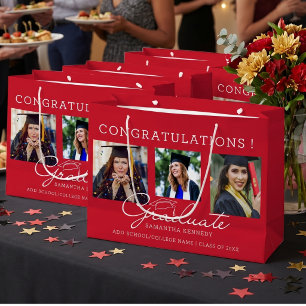 Red White 3 Photo Collage Congrats Graduate 2026 Large Gift Bag