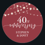 Red & White 40th Wedding Anniversay Celebration Classic Round Sticker<br><div class="desc">Add detail to your wedding anniversary party favours. This custom sticker features chic white lettering "40th anniversary" on a ruby red background. You can personalise the text to any mileston year. (10th,  20th,  25th,  30th,  40th,  50th,  60th, ect)</div>