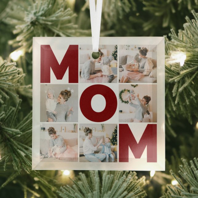 Red & White 6 Photo Collage Mom Glass Tree Decoration (Insitu)