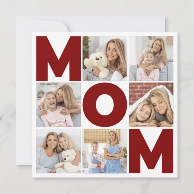 Red & White 6 Photo Collage Mum Flat Card (Front)