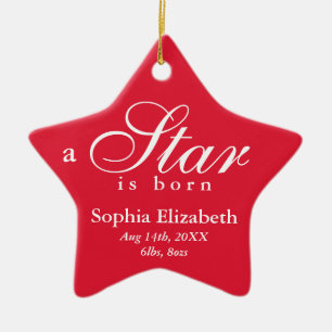 Red white a star is born baby name announcement ceramic tree decoration
